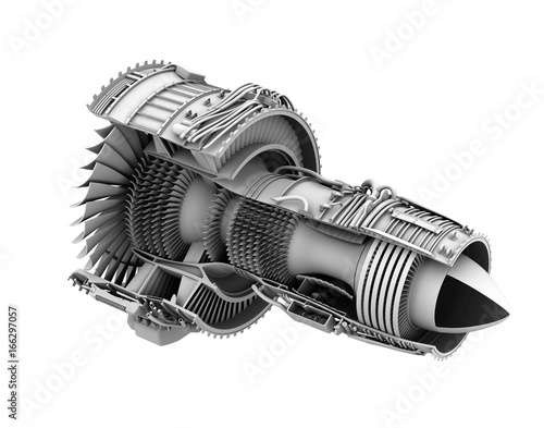 Canvastavla 3D clay cutaway render of turbofan jet engine isolated on white background