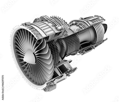 Photography 3D clay cutaway render of turbofan jet engine isolated on white background