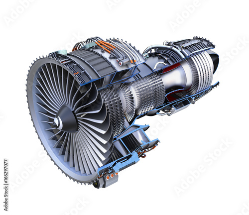 Cross section of turbofan jet engine isolated on white background. 3D rendering image with clipping path.
