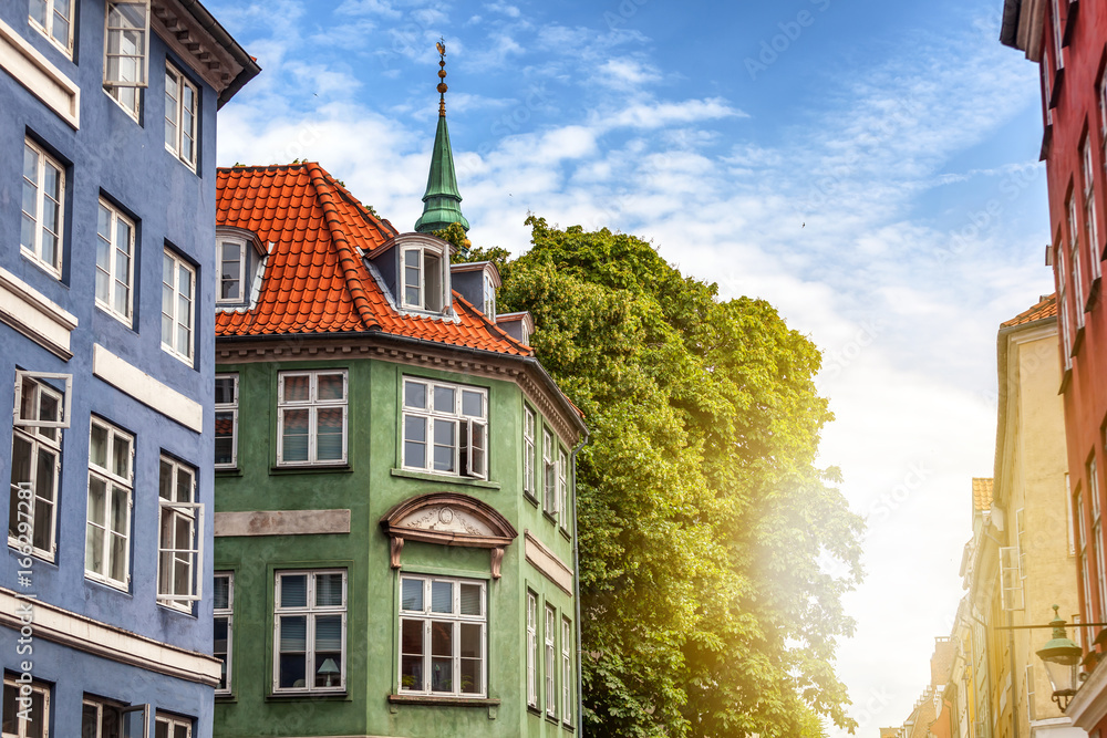 City landscape, Copenhagen, bright facades of buildings.