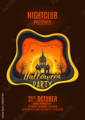 Halloween party poster design. Creative background with elements are layered separately. Paper art style vector illustration. Festive card with terrible castle and bats. Invitation to nightclub.