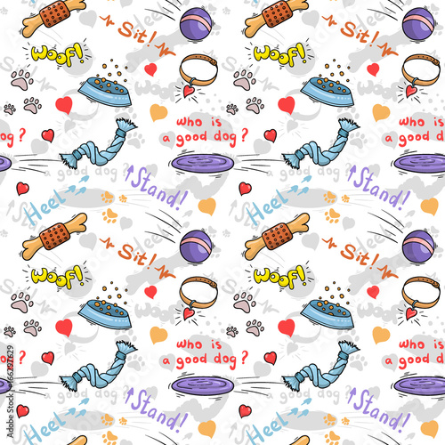 Dog toys seamless print. Puppies vector background