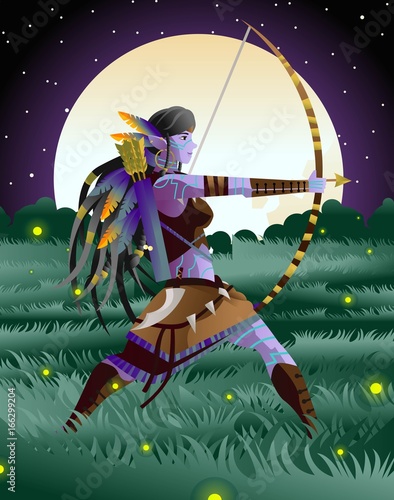 magical fantasy wild dark elf huntress in the wild in the night