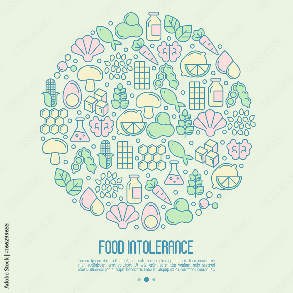 Food intolerance concept in circle with thin line icons of common allergens, sugar and trans fat, vegetarian and organic symbols. Vector illustration.