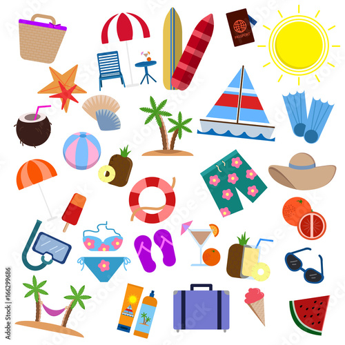 Travel items elements collection, flat icons set, Colorful symbols pack contains - travel, tourism, planning of vacation, adventure, journey in holidays. Vector illustration. Flat style design