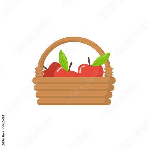 Basket of apples isolated in a flat style on a white background. Harvesting apples. Wicker basket with ripe fruits. Picking apples. Vector illustration. Farming and gardening.