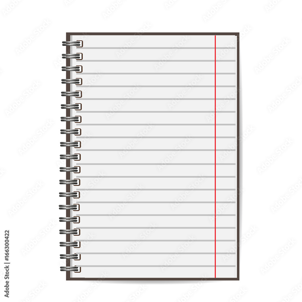 Blank realistic closed spiral notebook isolated on white background. Vertical copybook. Template, mock up of organizer or diary. Horizontal lined notebook.Vector.