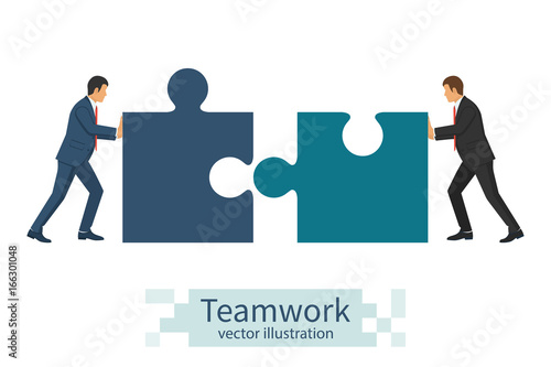 Business concept. Teamwork metaphor. Two businessmen connecting puzzle elements. Vector illustration flat style design. Combining two pieces. Symbol of working together, cooperation, partnership. 