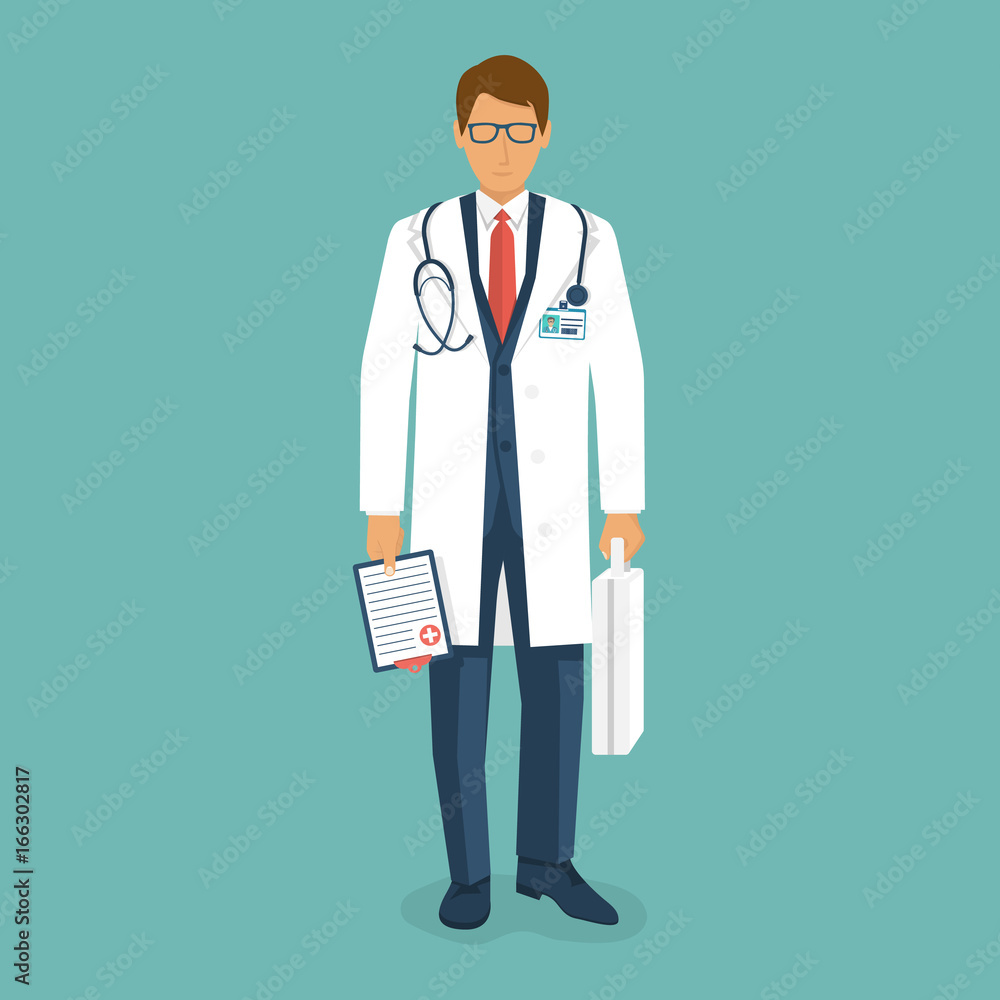 Doctor in white coat is holding first aid kit and clipboard in hands. Healthcare concept. Medical help. Vector illustration flat design. Stethoscope on neck. Emergency doctor isolated on background.