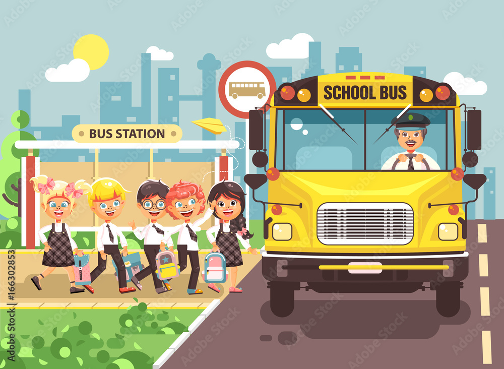 Vector illustration back to school cartoon characters schoolboy schoolgirls  pupils apprentices cute cheerful children at bus stop go board school bus  with driver on city background in flat style Stock Vector |
