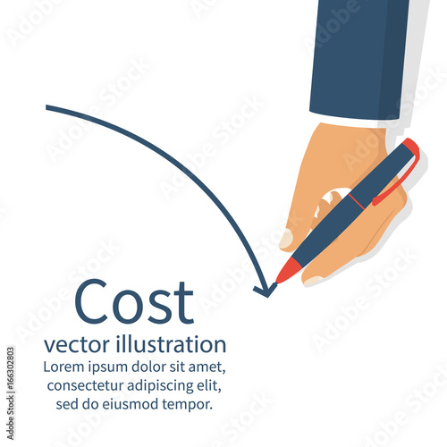 Cost reduction concept. Cost down. Businessman is holding a pen in hand. Decrease arrow graph. Vector illustration flat design. Isolated on white background. Declining chart. Down profit.