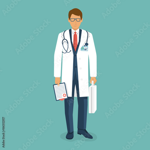 Doctor in white coat is holding first aid kit and clipboard in hands. Healthcare concept. Medical help. Vector illustration flat design. Stethoscope on neck. Emergency doctor isolated on background.