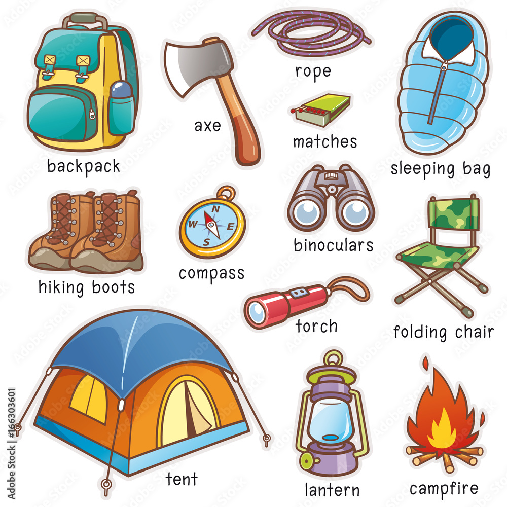 Vector illustration of Cartoon Camping equipment vocabulary  Stock-Vektorgrafik | Adobe Stock