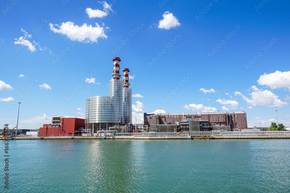Industrial landscape. Thermal power plant with chimneys.