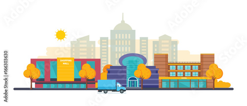Autumn city landscapes set with buildings shopping mall, cinema, school.