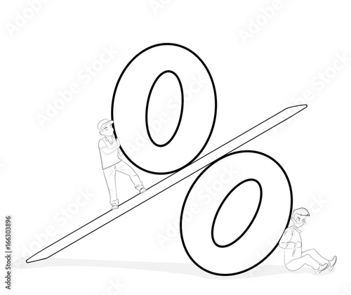 Sketch of working little people with big percent sign. Doodle cute miniature scene of workers and financial symbol. Hand drawn cartoon vector illustration for business design. 