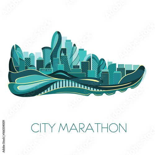City marathon. Poster - running, sport shoe and the city. Vector illustration
