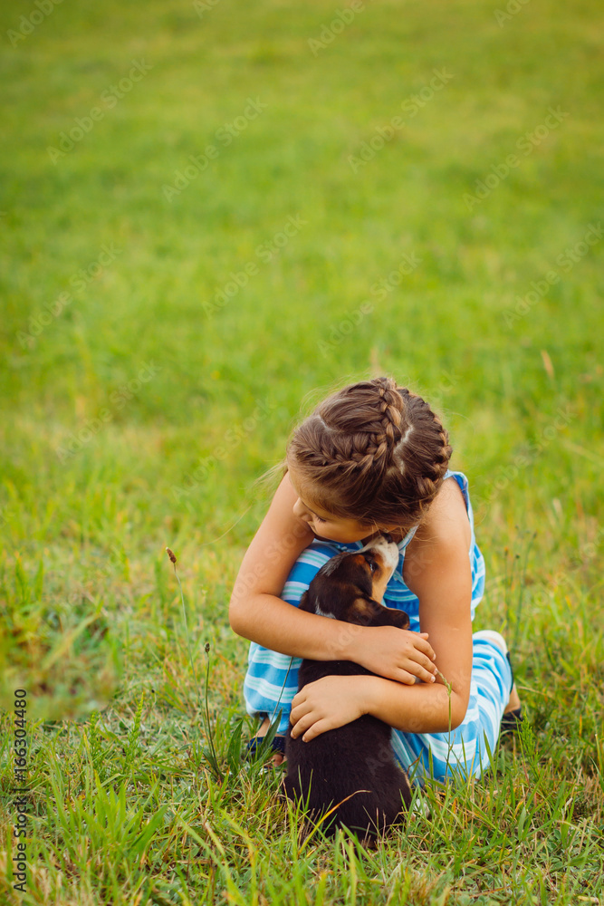 Fototapeta premium Girl hugs little puppy sitting on the field