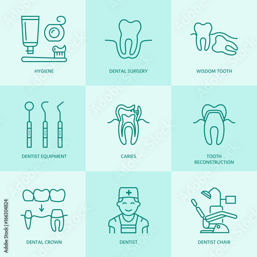 Dentist, orthodontics line icons. Dental care equipment, braces, tooth prosthesis, veneers, floss, caries treatment and other medical elements. Health care thin linear signs for dentistry clinic.