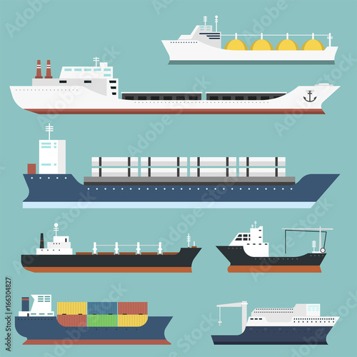 Cargo vessels and tankers shipping delivery bulk carrier train freight boat tankers isolated on background vector illustration