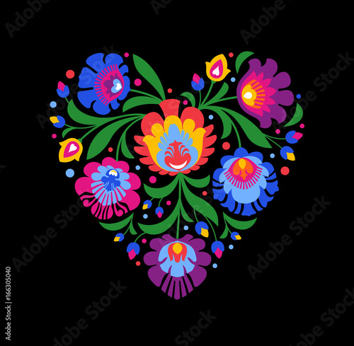 colourful folk heart on black background