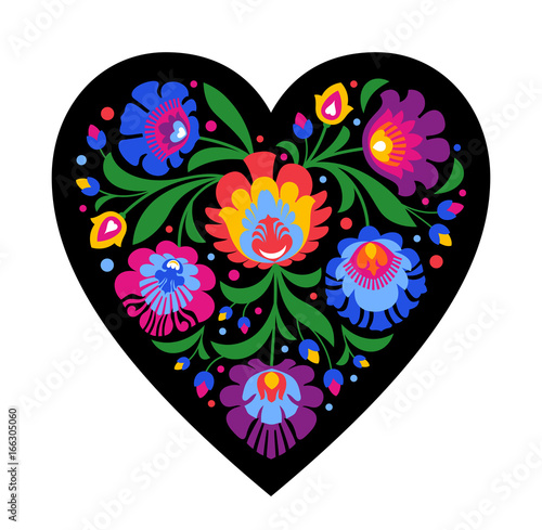 colourful folk heart on black background