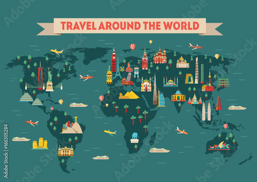 World travel map poster. Travel and tourism background. Vector illustration
