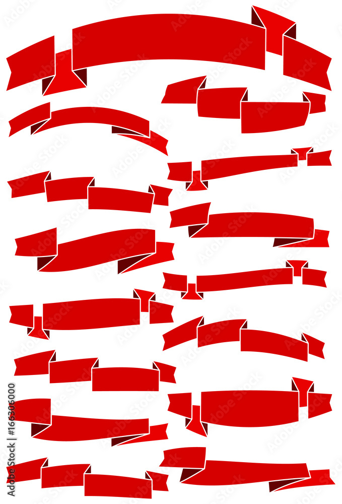 Set of fifteen red cartoon ribbons and banners for web design. Great design element isolated on white background. Vector illustration.

