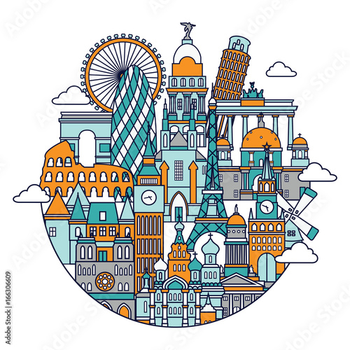 Europe skyline detailed silhouette. Line art vector illustration