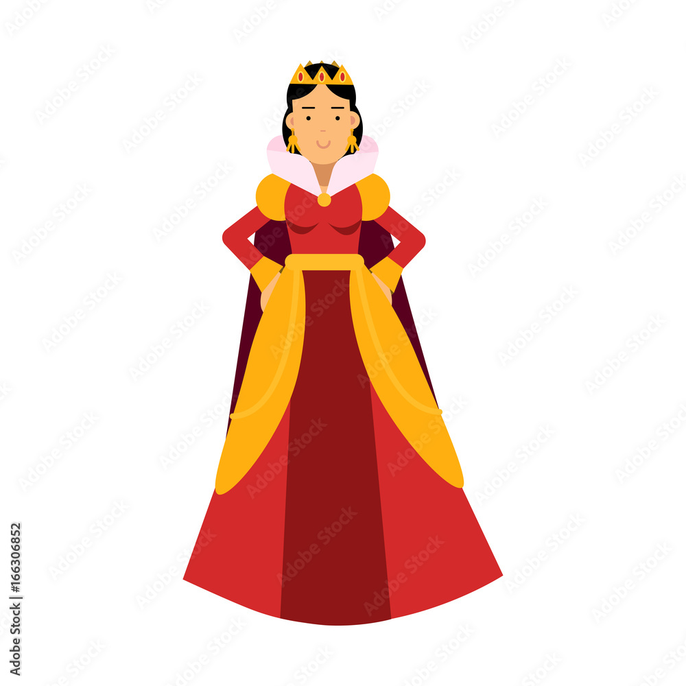 Majestic queen in red dress and gold crown, fairytale or medieval character colorful vector Illustration