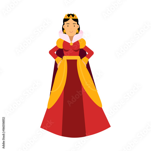 Majestic queen in red dress and gold crown, fairytale or medieval character colorful vector Illustration