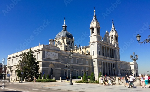 Almudena Cathedral in Madrid, Spain, perspective of the main entrance. 