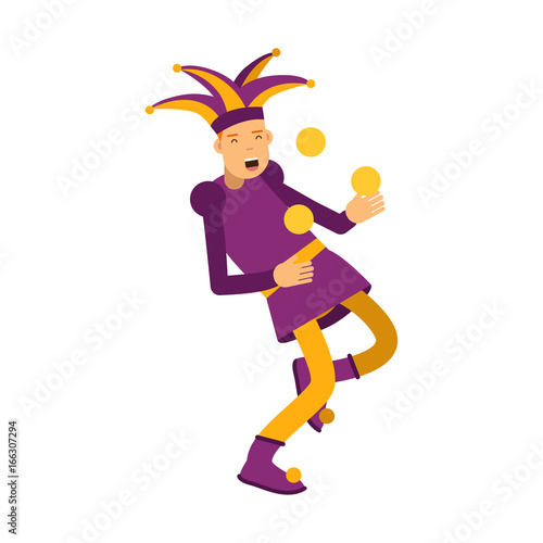 Medieval jester character juggling with balls, colorful vector Illustration