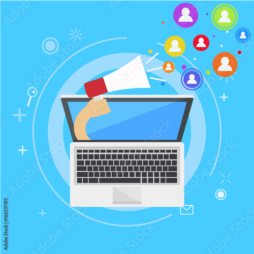 Influencer marketing banner. From the computer comes out a hand with a megaphone, calling users. 