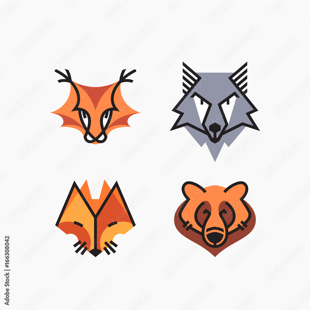 Fototapeta premium Vector set of flat line and color design animals. Decorative elements, icons, symbols, mascots.