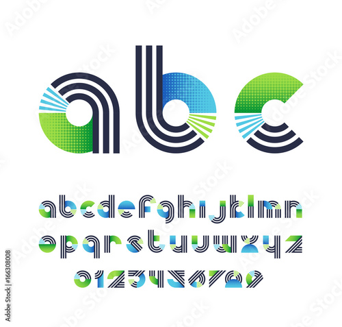 Parallel lines and color blocks' latin font, graphical lower case decorative type and numbers.