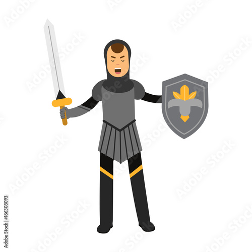 Medieval amed knight character standing with shield and sword, colorful vector Illustration