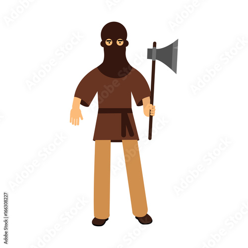 Medieval executioner character standing with ax colorful vector Illustration