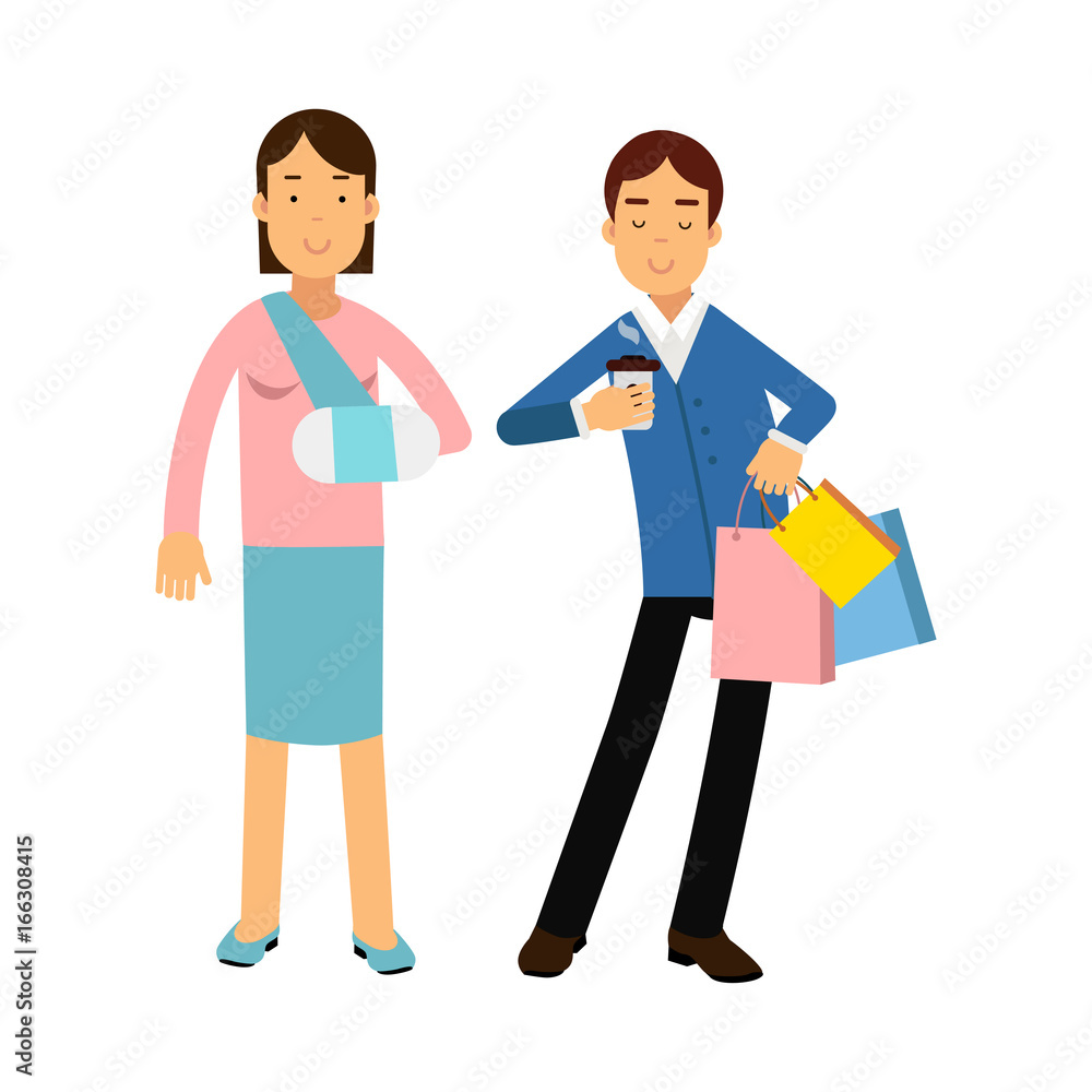 Cheerful couple shopping together, woman with arm in a plaster colorful vector Illustration Cheerful couple shopping together, woman with arm in a plaster colorful vector Illustration