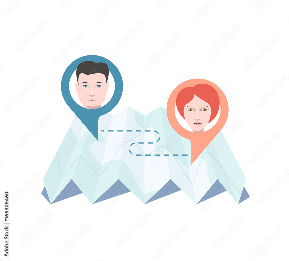 Vector illustration of distance between man and woman, communication between two pins on the map. Vector illustration of distance between man and woman, communication between two pins on the map.