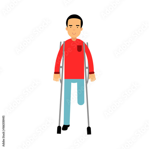 One legged disabled man with crutches colorful vector Illustration
