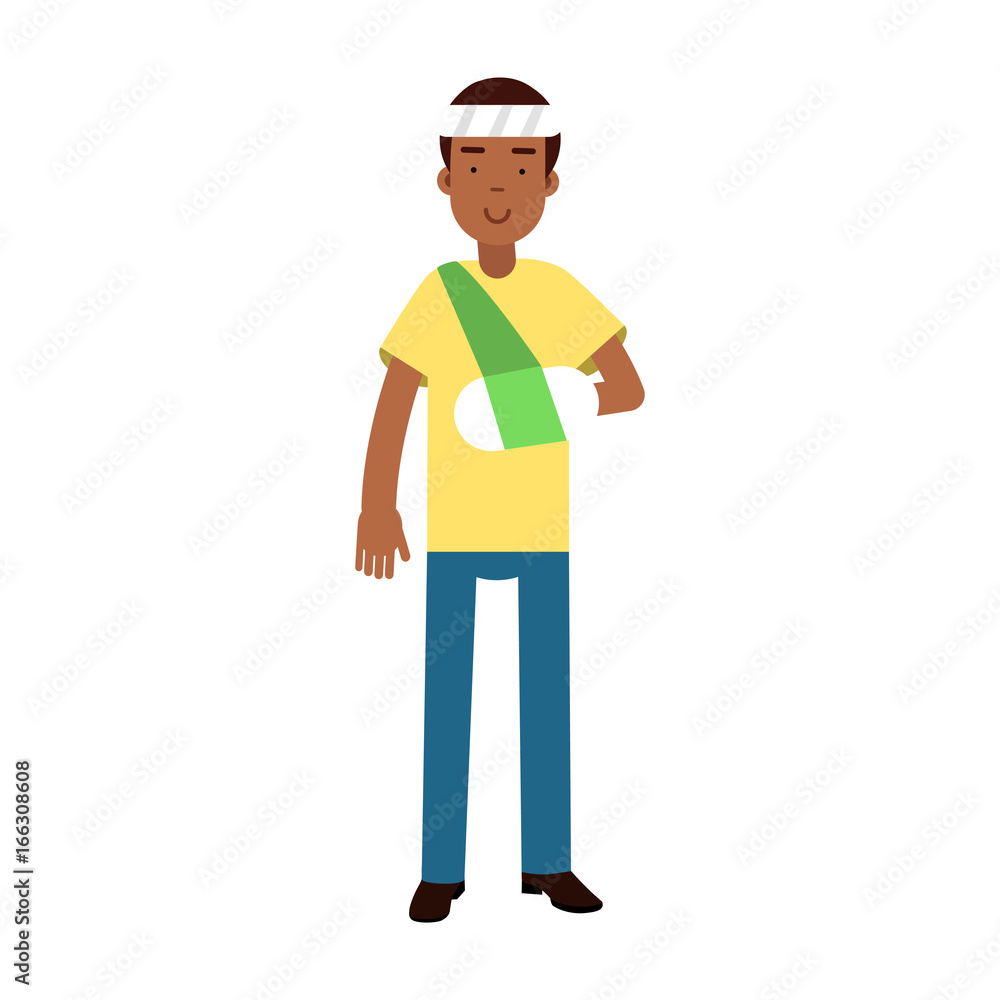 Black man with arm in a plaster and bandage on his head colorful vector Illustration