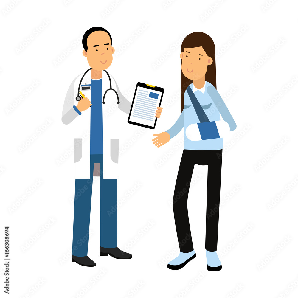 Injured young brunette woman with arm in plaster talking to a doctor colorful vector Illustration Injured young brunette woman with arm in plaster talking to a doctor colorful vector Illustration