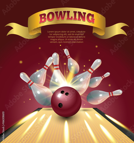 Bowling club poster with realistic ball and skittles and sparkle.