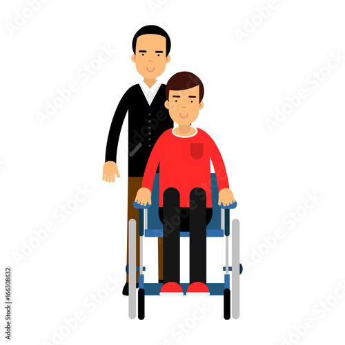 Disabled man in wheelchair, friend or social worker helping him colorful vector Illustration