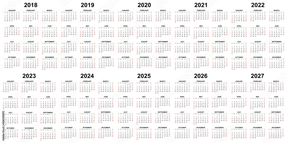 Ten Year Calendar 2018 2019 2020 2021 2022 2023 2024 2025 