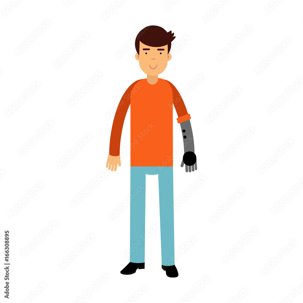 Young man with prosthetic arm colorful vector Illustration