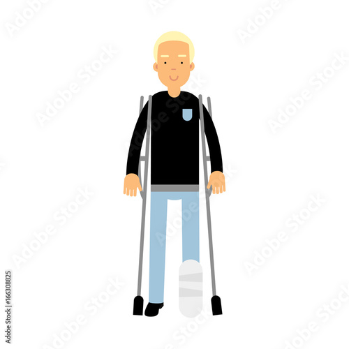 One legged disabled man with crutches colorful vector Illustration