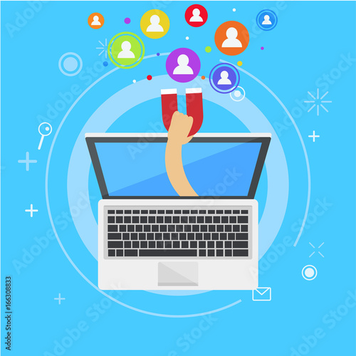 Influencer marketing banner. From the computer comes out a hand with a magnet, calling users