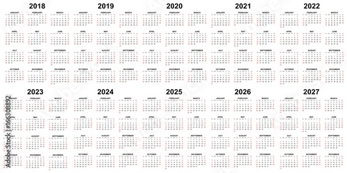 Ten year calendar - 2018, 2019, 2020, 2021, 2022, 2023, 2024, 2025, 2026 and 2027 in white background.